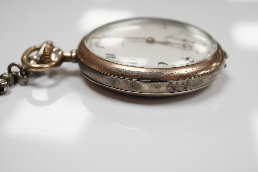 An 800 standard white metal Omega open faced keyless pocket watch, with Arabic dial and subsidiary seconds, case diameter 48mm, together with a white metal albertina. Condition - poor